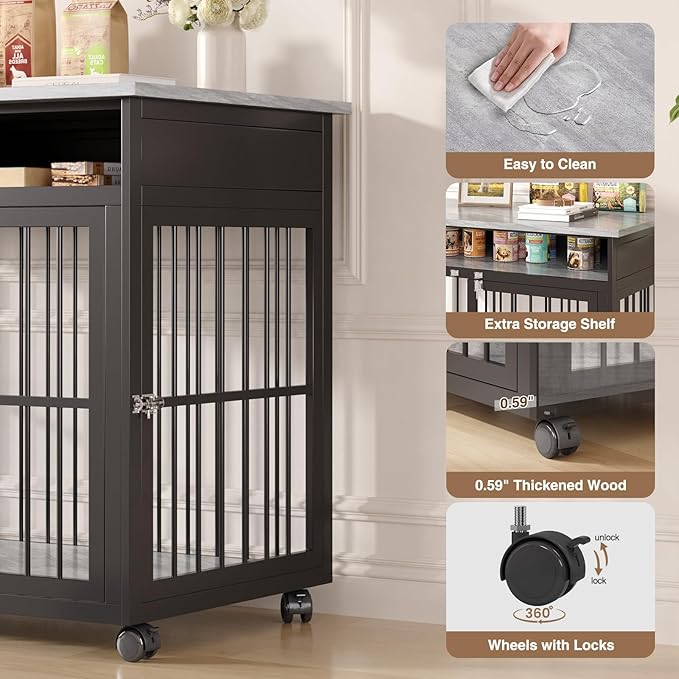 39.4" Dog Crate Furniture for Medium and Large Breed, Dog Kennel Furniture with Storage Shelf & Lockable Wheels, Heavy Duty Wooden End Side Table Pet Cage Indoor, Chew-Resistant, Grey-Mewly Pet