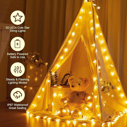 Minetom Star String Lights Battery Operated - 2 Pack 17 ft 50 LED Star Fairy String Lights with Timer, Waterproof for Indoor Bedroom Tent Loft Bed Patio Party Wedding Decor, Warm White