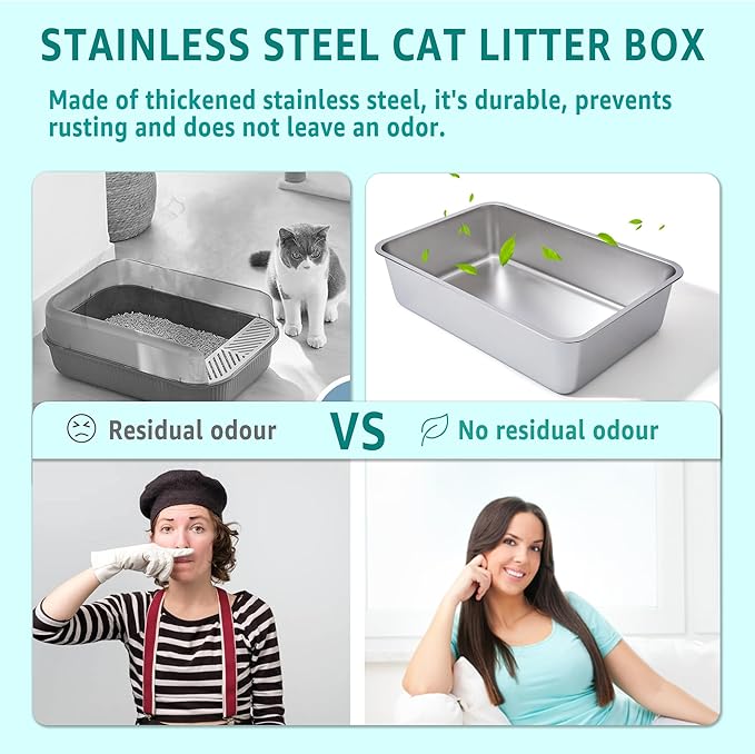 Stainless Steel Litter Box 2 Pack-XLarge Metal Litter Box-High Sided Cat LitterBox for Adult Big Cats, Stainless Steel Cat LitterBoxe 6IN Deep- Easy to Clean,Non Stick, No Smell-Mewly Pet