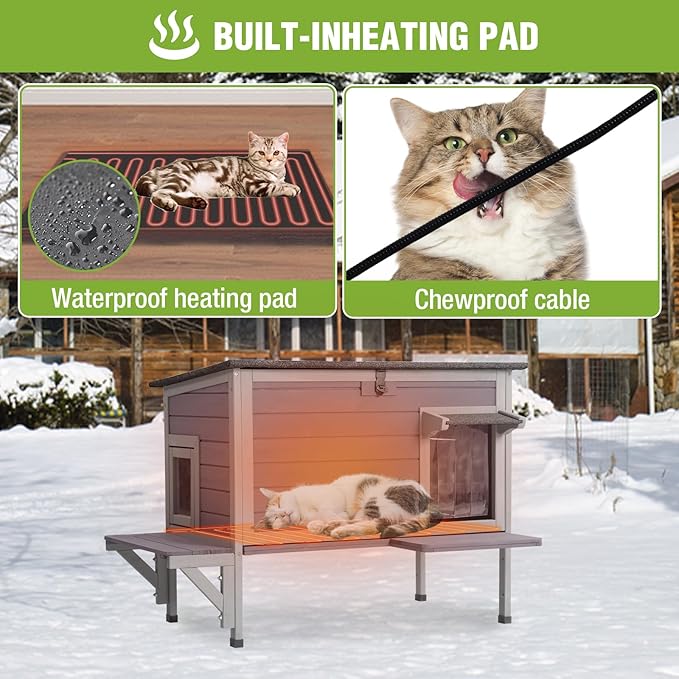 GUTINNEEN Heated Cat House Outdoor Cat House Insulated Weatherproof Feral Cat Shelter with Heated Pad and All-Round Thermal Liner for 1-3 Cats (Winter-Ready)-Mewly Pet
