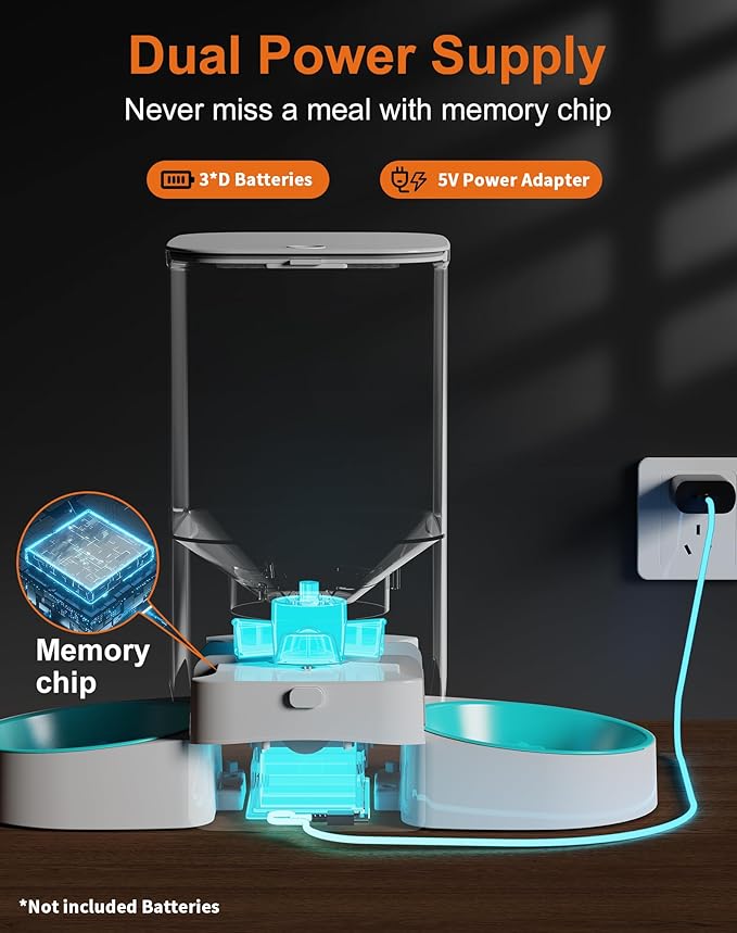 HoneyGuaridan 5L Automatic Cat Feeder for Two Cats, 2.4G WiFi Enabled Smart Feed Pet Feeder with Slow Feeder Bowl,APP Control Dispenser, Dual Power Supply,Desiccant Bag,10s Meal Call White-Mewly Pet