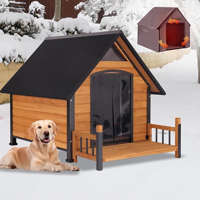 Large Outdoor Dog House Insulated, Weatherproof Dog Kennel with Porch, Anti-Chewing Metal Frame, for Medium to Large Breed-Mewly Pet
