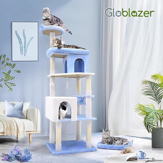 Globlazer Heavy Duty Cat Trees for Large Cats, Sturdy 72in Maine Coon Cat Tree for Large Cats 20 lbs+ Heavy Duty Cat Tower for Adult Biggest Cat with 6 Scratching Posts, Hammock, S72, Ocean Blue-Mewly Pet