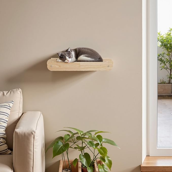 HOOBRO Wood Cat Wall Shelf, Cat Hammock and Wall-Mounted Bed Furniture with Soft Fabric, 18.9" L x 13.8" W, Easy to Install, Holds up to 40 lb, for Lounging, Playing, Sleeping, Natural NL03CS03N1-Mewly Pet