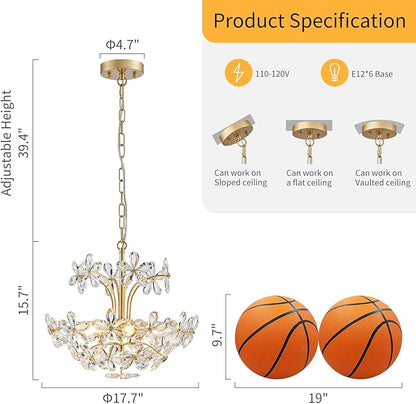 WUZUPS Crystal Chandelier Pendant Flushmount Ceiling Light Modern Lighting Fixture for Bedroom Hallway Bar Kitchen Bathroom, H 15.7" x W 17.7", Gold, E12 Base