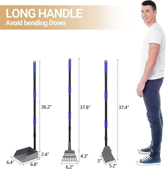 Heeyoo Dog Pooper Scooper, Dog Poop Tray and Rake Set, Pet Waste Removal Scoop with Long Adjustable Sectional Stainless Handles-Mewly Pet