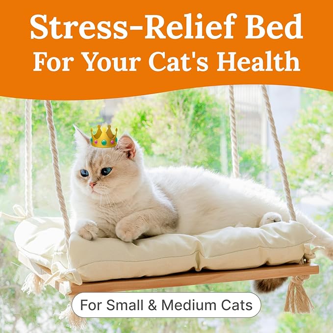 Cat Window Perch - Hammock Bed for Cats Inside - Solid Wood Seat, 4 Strong Suction Cups, Soft Cushion - Rustic Indoor Pet Shelf-Mewly Pet