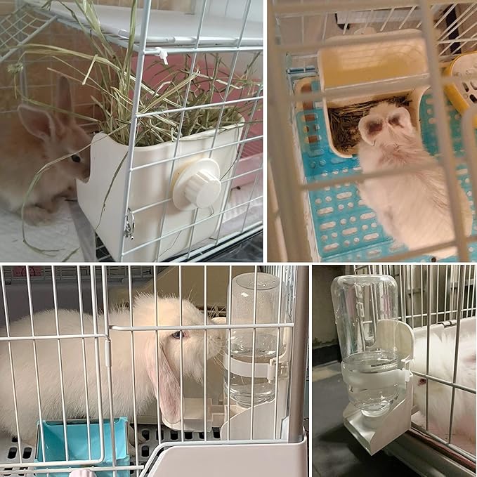 HERCOCCI Rabbit Hay Food Bin Feeder and Bunny Water Bottle Set, Hay Food Feeder Bowls Manger Rack with 500ml Hanging Water Dispenser Prevent Knock Over for Rabbit Guinea Pig Chinchilla (Large, White)-Mewly Pet