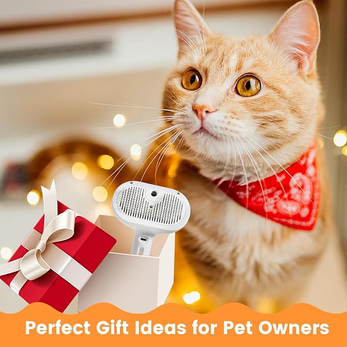 3 in 1 Cat Steam Brush, Pet Steam Brush for Cat Dog Long Short Haired, Pet Spray Hair Removal Comb for Small Animals Shedding & Grooming, Water Mist Spray Brushes with Release Button(White)-Mewly Pet