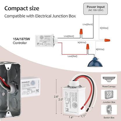 Suraielec Wireless Light Switch and Receiver Kit, 15A High Power, No Wiring, No Interference, 100ft RF Range, Expandable Remote Control Wall Switches for Lamp, Ceiling Light, Fan, Outdoor Lighting