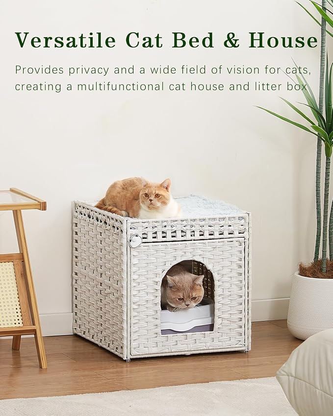 Cat Beds for Indoor Cats Extra Large Double Cat Cave Pet Cube, Handwoven Rattan Cat Houses with Double-Sided Soft Cushions, 18.5 x 20.5 x 19.1 Inches Foldable Hideaway in Living Room White-Mewly Pet