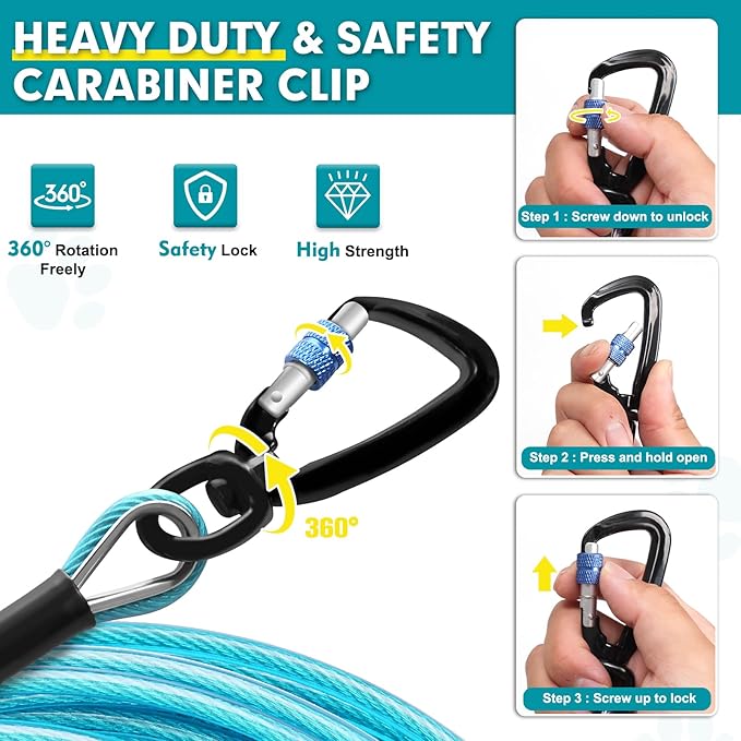 Snagle Paw Heavy Duty Long Dog Leads for Yard 120FT-1000LBS Break Strength,Dog Tie Out Cable with Swivel Lockable Hook & Spring,Chew Proof Dog Chain for Outside,Dog Run Cable for Medium Large Dogs-Mewly Pet