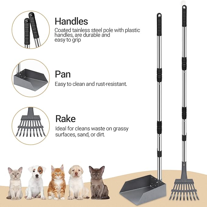 Heeyoo Dog Pooper Scooper, Dog Poop Tray and Rake Set, Pet Waste Removal Scoop with Long Adjustable Sectional Stainless Handles-Mewly Pet