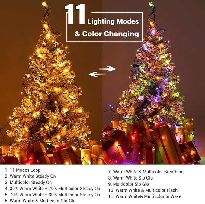 Brizled Christmas Tree Lights, 2 Pack 65.67ft 200 LED Color Changing Christmas String Lights with Remote, 11 Modes Warm White & Multicolor Xmas Light Connectable Light String for Xmas Tree Home Party