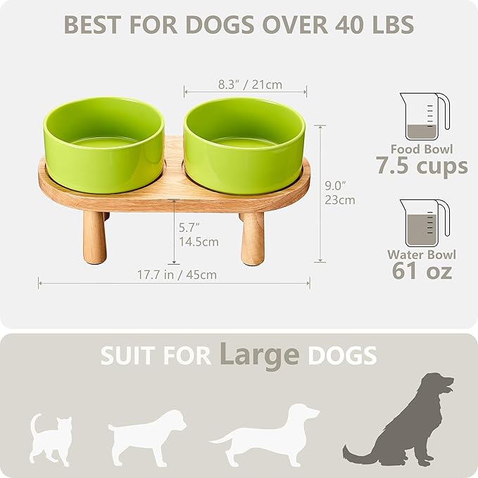 Ceramic Elevated Dog Bowls, Pet Food and Water Bowl Set for Large Dogs, 7.5 Cups Dog Bowls Raised with Wood Stand, 61OZ, Green-Mewly Pet