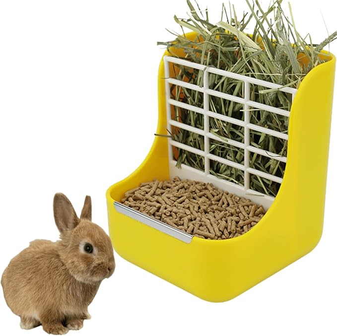 2 in 1 Food Hay Feeder for Guinea Pig, Rabbit Feeder, Indoor Hay Feeder for Guinea Pig, Rabbit, Chinchilla, Feed Bowls Use for Grass & Food (Yellow)-Mewly Pet