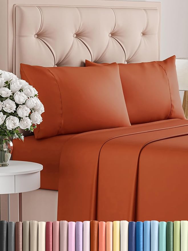 Twin XL 4 Piece Sheet Set - Comfy Breathable & Cooling - Ultra Soft Hotel Luxury Bedding Set w/ 8-16 Inch Deep Pockets - 1 Flat & 1 Fitted Sheet & 2 Pillowcases - Wrinkle Free & Easy Care - Terracotta