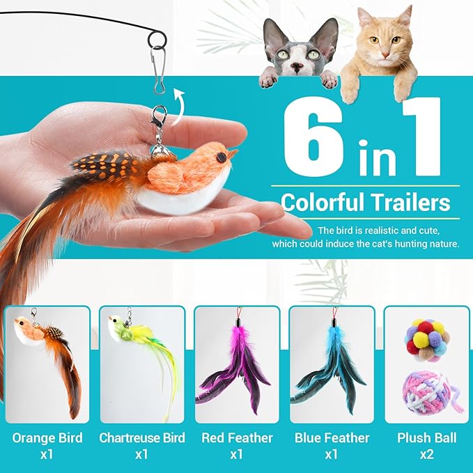 ROSAUI 11-Pack Cat Toy Set with Suction Cup Base and Wire Teasers – Interactive Bird and Feather Attachments with Yarn Balls for Cats and Kittens – Indoor Cat Fun and Exercise-Mewly Pet