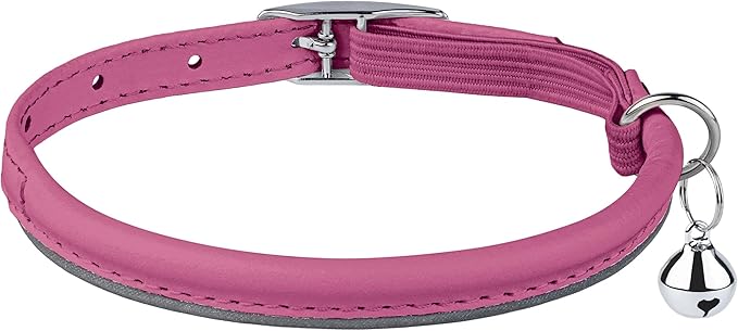OOPSDOGGY Rolled Leather Cat Collar with Bell, Reflective Kitten Collars with Buckle Include Safety Elastic Strap - Adjustable Small Pet Collars for Boy Girl Cats (Fucsia)-Mewly Pet