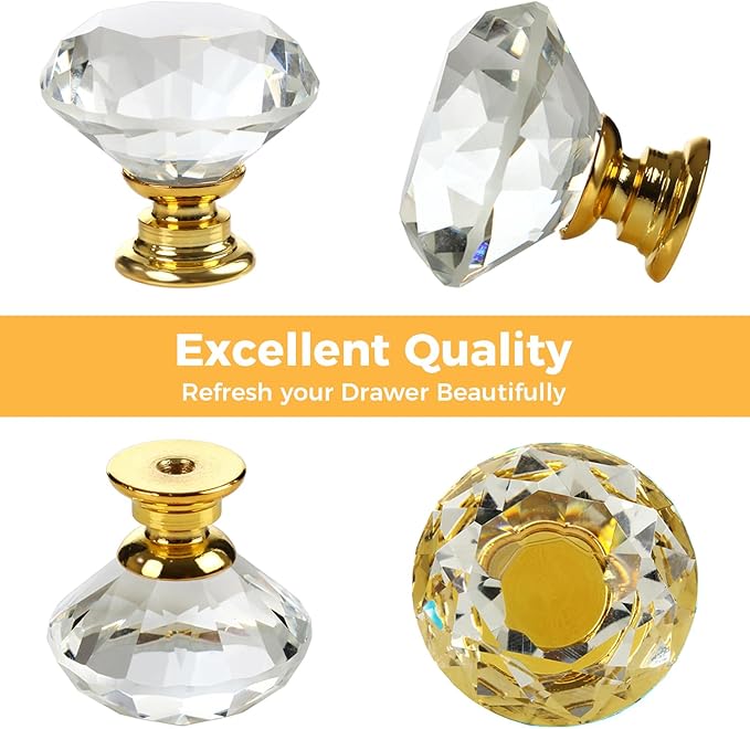 DEELF 24 Packs Kitchen Cabinet Knobs, 40 mm Crystal Cabinet Knobs, Diamond Dresser Handle Drawer Pulls, Dresser Knobs for Cabinets and Drawers, Gold Base