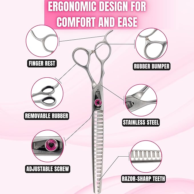 Kenchii Love Left Handed Dog Grooming Scissors, 22 Tooth Blender Shears, Dog Scissors for Grooming, Professional Pet Grooming Scissors, Ergonomic & Comfortable-Mewly Pet