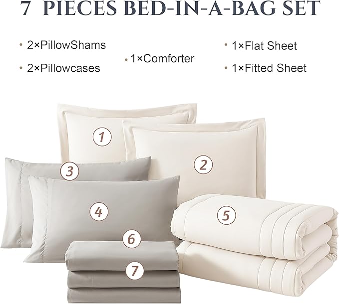 Monbix King Size Comforter Set - 7 Pieces Bed in a Bag King, Snow White Bedding Sets with Comforter, All Seasons Down Alternative Comforter Bed Set with Sheets, Pillowcases & Shams