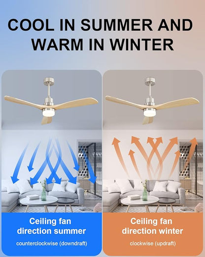 Sofucor 52 Inch Ceiling Fans With Lights, Solid Wood Indoor/Outdoor Ceiling Fan with Lights Remote Control, Reversible DC Motor, 3 Blade Modern Ceiling Fan Light for Bedroom Patio Farmhouse