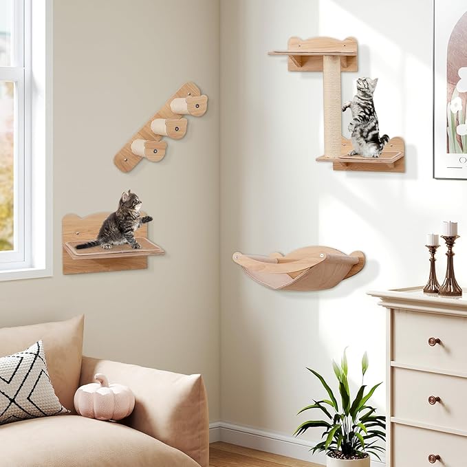 Tangkula Cat Wall Shelves, Wall Mounted 4pcs Kitten Furniture Set with Hammock, 2-Step Kitty Tree, Perch, Non-Slip Carpet Mat, Sisal Stairs & Scratching Posts, Wooden Cat Climber Steps (Natural)-Mewly Pet