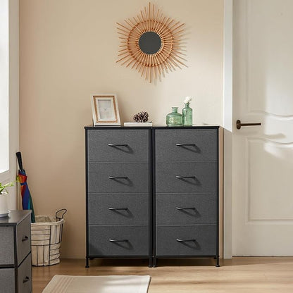 Sweetcrispy Dresser for Bedroom, Storage Drawers, Skinny Fabric Storage Tower with 4 Drawers, Tower Organizer Unit, Chest of Drawers with Wooden Top for Closet,Entryway,Grey