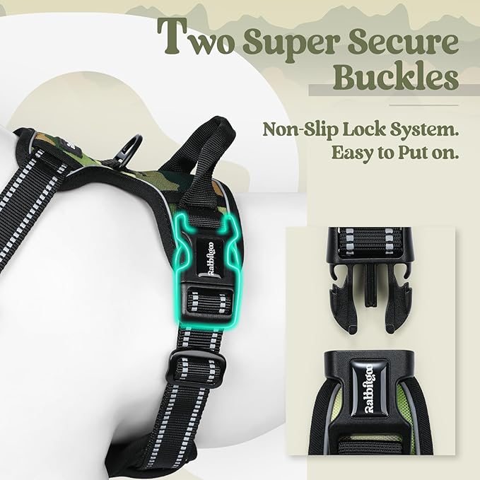 rabbitgoo Dog Harness No Pull with 2 Leash Clips, Adjustable Soft Padded, Reflective Oxford No Choke Pet Vest with Easy Control Handle for Large Dogs, Green Mountain, XL-Mewly Pet