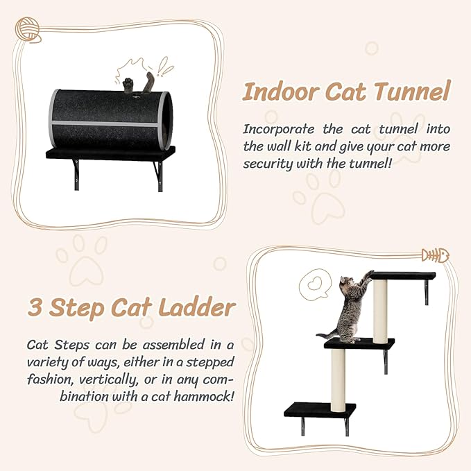 NUNU LAB Wall Mounted Cat Furniture, 7 Pcs Cat Wall Shelves with House, Tunnel, Bridge, Steps, Scratcher, Hammock, Bed, Indoor Safe & Stable Furniture for Kittens Play, Black-Mewly Pet