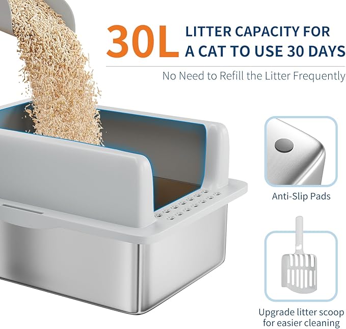 Stainless Steel Cat Litter Box 6 inch, XXL Large Cat Litter Tray with High Side, Platform Step and Scoop for Big Cats Multiple Cats, Easy Clean-Mewly Pet