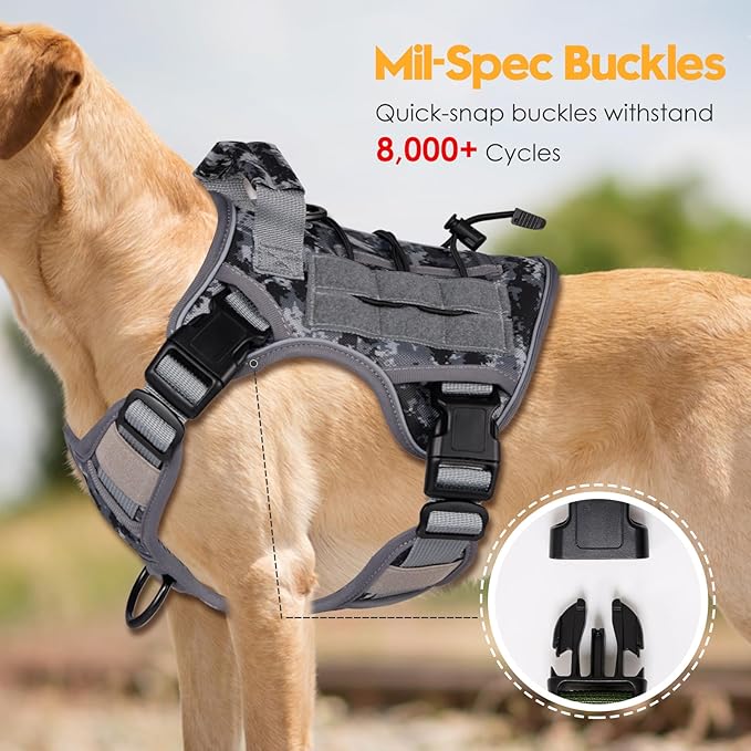 Heavy-Duty Tactical Dog Harness for Large Dogs, No Pull Adjustable Reflective Pet Vest with Molle System, K9 Military-Grade Control for Service Training, Outdoor & 10+ Breeds, Gray Camo, Medium-Mewly Pet