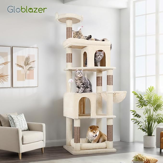 Globlazer Heavy Duty Cat Trees for Large Cats, Sturdy 72in Maine Coon Cat Tree for Large Cat 20 lbs+ Heavy Duty Cat Tower for Adult Biggest Cats with 6 Scratching Posts, Hammock, S72, Beige-Mewly Pet