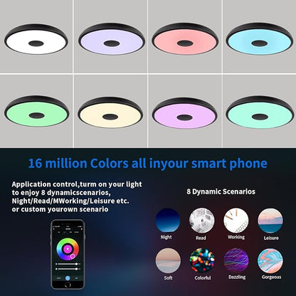 Black Smart Waterproof LED Flush Mount Ceiling Light Fixture,18W,with Bluetooth Speaker,RGB Color Changing Function-Dimmable Lamp,Tuya Application Control-Compatible with Alexa Google Home