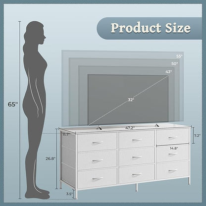 Huuger 9 Drawer Dresser, 47 Inch TV Stand for 50, 55 Inch TV, Entertainment Center with Drawers, Fabric Dresser Chest of Drawer for Bedroom, Closet, PU Leather Surface, White