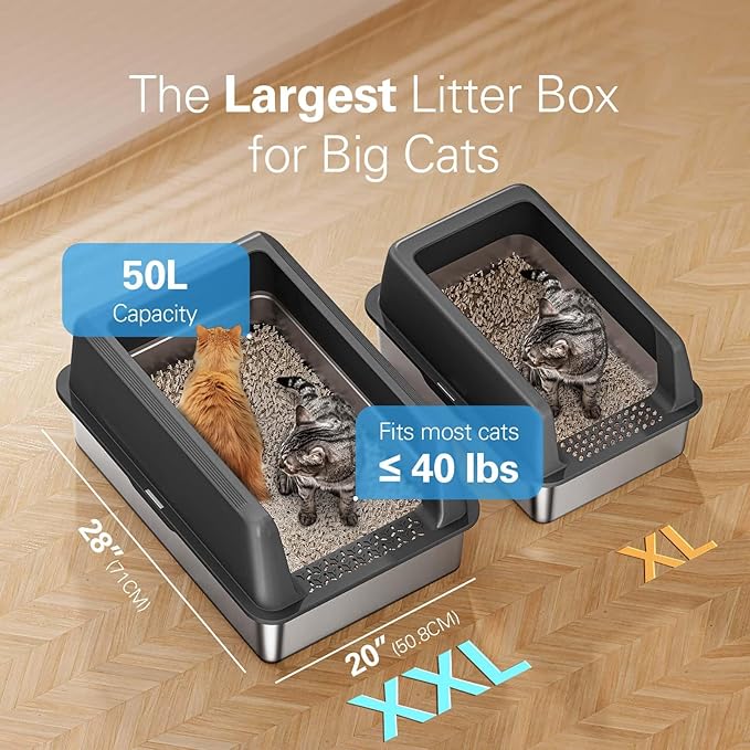Zarler XXL Stainless Steel Litter Box, Extra Large Cat Litter Boxes 27.8" L x 20" W x 12.9" H, Metal Litter Box with Lid for Multiple Cats, High Sided, Non-Sticky, Anti-Urine Leakage (Grey)-Mewly Pet