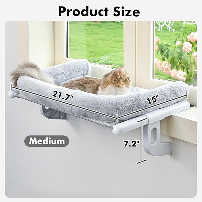 Cat Window Sill Perch with Large Bolster, Easy to Adjust & Assemble Cat Window Seat for Windowsill & Bedside, Pet Hammock Bed for Large Cats and Kittens (Grey, M)-Mewly Pet