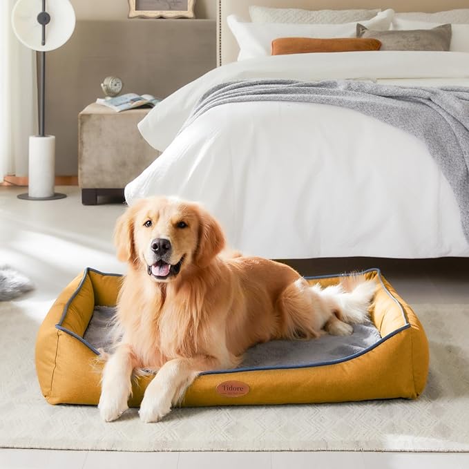 Orthopedic Dog Beds for Medium Dogs, Durable Egg Crate Foam Sofa Dog Bed wit Washable Removable Cover,Waterproof Lining,Pet Bed for Large Dogs (Mustard Yellow, 39.4" L x 31.5" W x 7.4" Th)-Mewly Pet