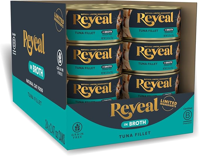 Reveal Natural Wet Cat Food, 24 Count, Grain Free, Limited Ingredient Canned Food for Cats, Tuna Fillet in Broth, 2.47 oz Cans-Mewly Pet