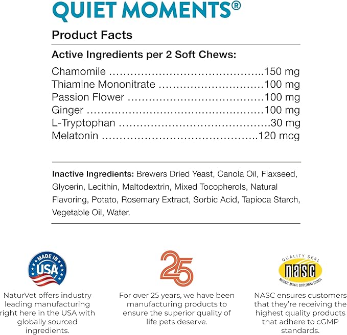 NaturVet Quiet Moments Calming Dog Supplement, Dog Soft Chews with Melatonin to Help Reduce Stress from Storms, The Vet, Fireworks, and Travel, Bacon and Chicken Flavored Pet Supplement, 65 Count-Mewly Pet