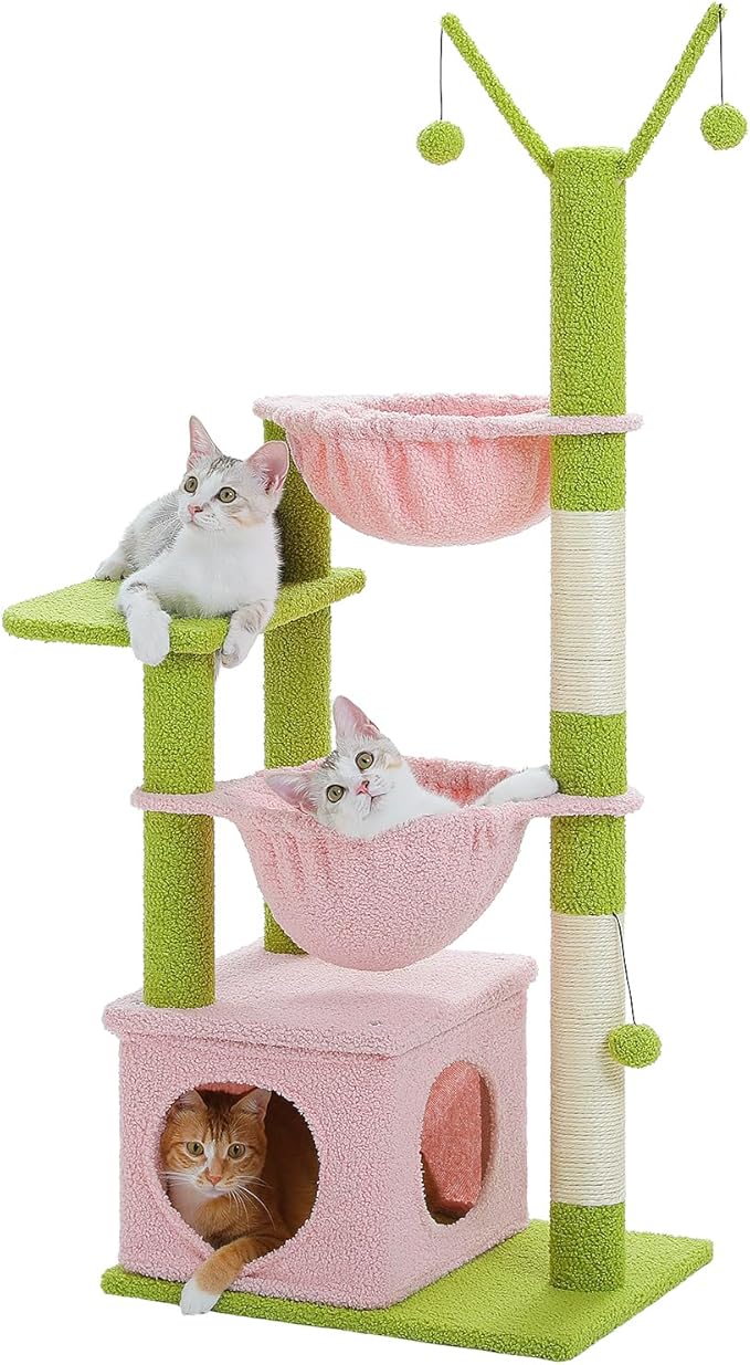 Pink Cat Tree, 47.6" Cat Tower with 2 Metal Frame Hammock, Cat Scratching Post for Indoor Cats with 2 Removable Pompom Sticks for Kittens, Pink-Mewly Pet