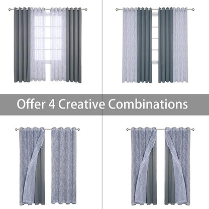 BONZER Mix and Match Curtains - 2 Pieces Branch Print Sheer Curtains and 2 Pieces Blackout Curtains for Bedroom Living Room Grommet Window Drapes, 54x108 Inch/Panel, Light Grey, Set of 4 Panels