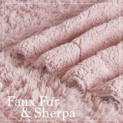 The Connecticut Home Co Bedding Blanket, Queen 90x90, Soft Fluffy Room Decor, Cozy Warm Throws for Bed, Gifts for Women, Bedroom Cute Aesthetic Blankets Shag and Sherpa Dusty Rose