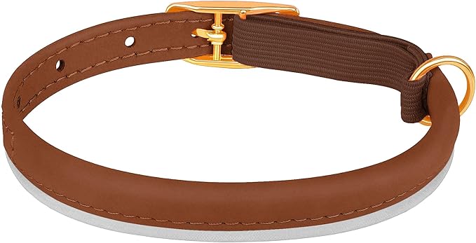 OOPSDOGGY Rolled Leather Cat Collar with Bell - Reflective Kitten Collar with Safety Elastic Strap - Adjustable Small Pet Collars for Boy Girl Cats (Brown)-Mewly Pet