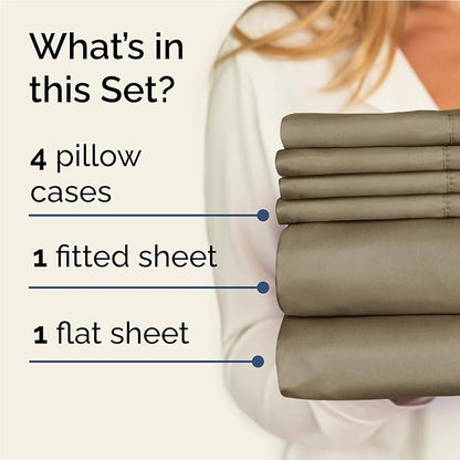 Full 6 Piece Sheet Set - Comfy Breathable & Cooling - Ultra Soft Hotel Luxury Bedding Set with 8-16 Inch Deep Pockets - 1 Flat & 1 Fitted Sheet & 4 Pillowcases - Cozy, Wrinkle Free & Easy Care - Khaki