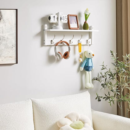 YMYNY Coat Rack Shelf Wall Mounted, Coat Hooks Set of 2, Entryway Coat Hanger with 10 Hooks, 47.2" Wall Floating Shelf with Hat Rack, for Kitchen, Bedroom, Bathroom, White HWS004W-2