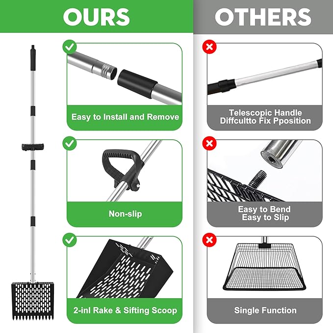 2-in-1 Chicken Poop Scooper & Rake - Adjustable Chicken Coop Scoop with Handle（39、53、67 in），Stainless Steel Shovel Head- Litter Scooper Sand & Sifting Shovel for Chicken Coops-Mewly Pet