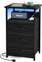 Fixwal Night Stand with Charging Station, LED Nightstand with Fabric Drawers, End Table with PU Finish, Bed Side Table, Black Oak
