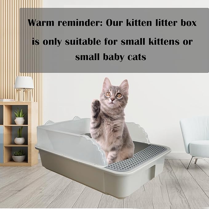 kathson Open Small Cat Litter Box with High Side,Anti-Splashing Kitten Litter Pan,Semi-Enclosed Removable Kitty Cat Toilet with Litter Sifting Scoop for Boxes Easy to Clean No Odor-Grey-Mewly Pet